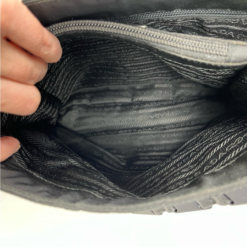 Vintage Prada Black Tessuto Nylon Triangle Logo Shoulder Bag Tote Chain Handle - Picture 12 of 13